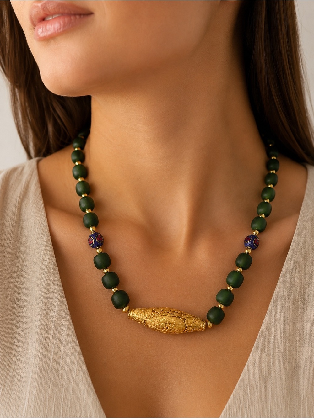 Handmade 24k Gold Plated & Green Agate Beaded Statement Necklace